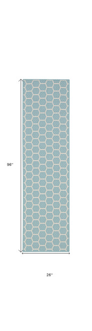 8' Aqua And Ivory Geometric Indoor Outdoor Runner Rug