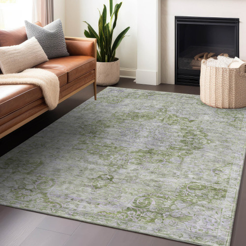 5' X 8' Olive Green Floral Medallion Washable Indoor Outdoor Area Rug