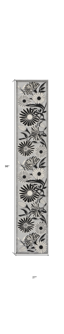 8' Black And White Floral Indoor Outdoor Runner Rug