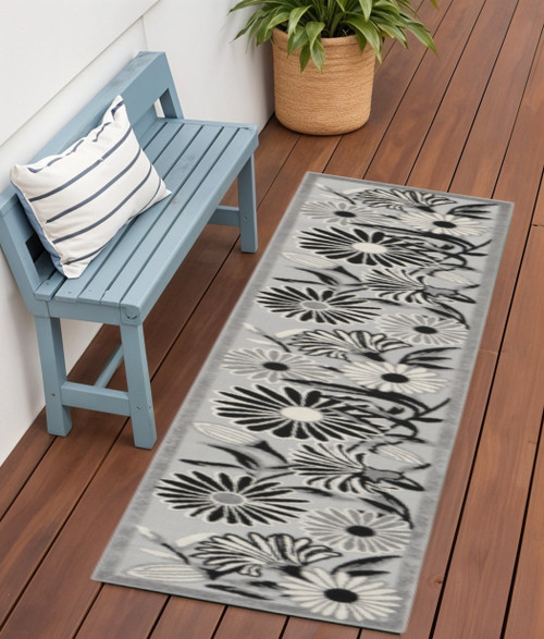 6' Black And White Floral Indoor Outdoor Runner Rug