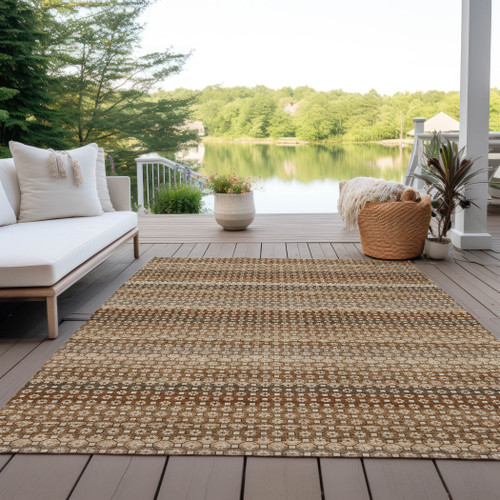 5' X 8' Taupe And Brown Striped Washable Indoor Outdoor Area Rug
