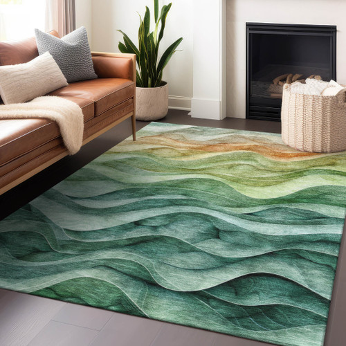 5' X 8' Teal Blue Abstract Washable Indoor Outdoor Area Rug
