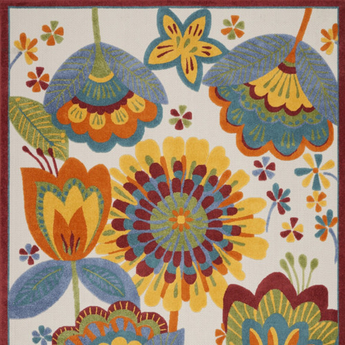 8' X 11' Ivory Blue Orange Red And Yellow Floral Indoor Outdoor Area Rug