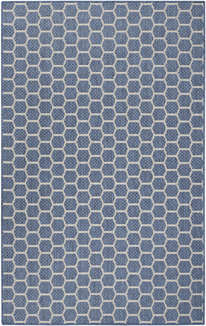 5' X 7' Blue And Ivory Geometric Indoor Outdoor Area Rug