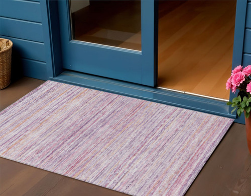 3' X 5' Mauve Striped Washable Indoor Outdoor Area Rug
