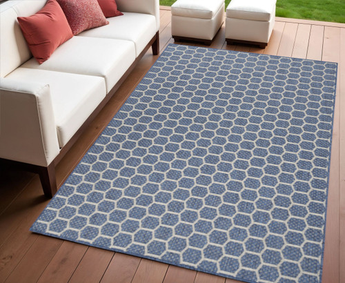 4' X 6' Blue And Ivory Geometric Indoor Outdoor Area Rug