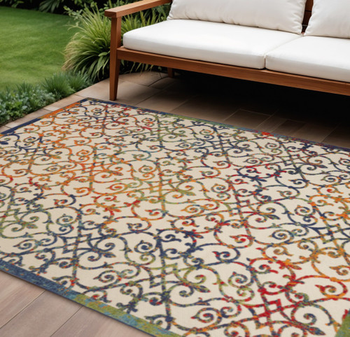 8' X 11' Ivory Blue Orange And Green Trellis Indoor Outdoor Area Rug