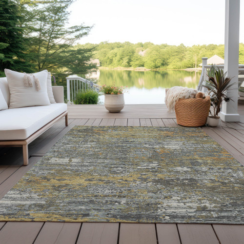 3' X 5' Gold And Taupe Abstract Washable Indoor Outdoor Area Rug