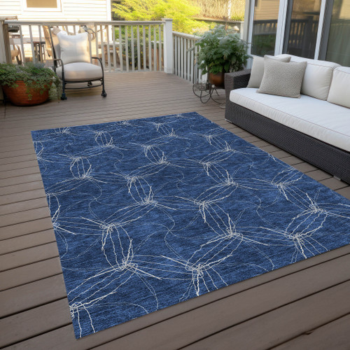 9' X 12' Navy Blue And Ivory Geometric Washable Indoor Outdoor Area Rug