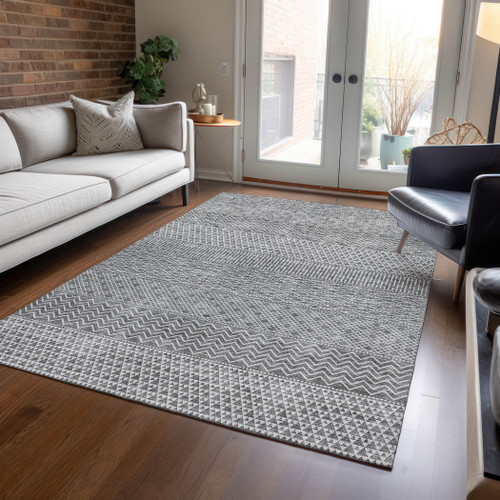 3' X 5' Gray And Silver Chevron Washable Indoor Outdoor Area Rug