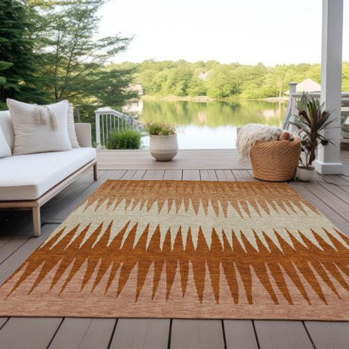 3' X 5' Copper Brown And Beige Striped Washable Indoor Outdoor Area Rug