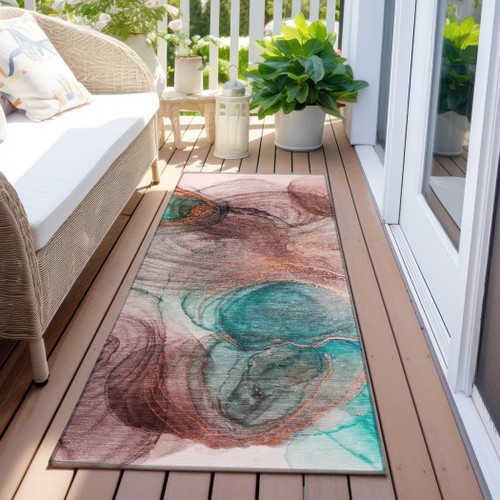 8' Runner Burgundy Abstract Washable Non Skid Indoor Outdoor Runner Rug