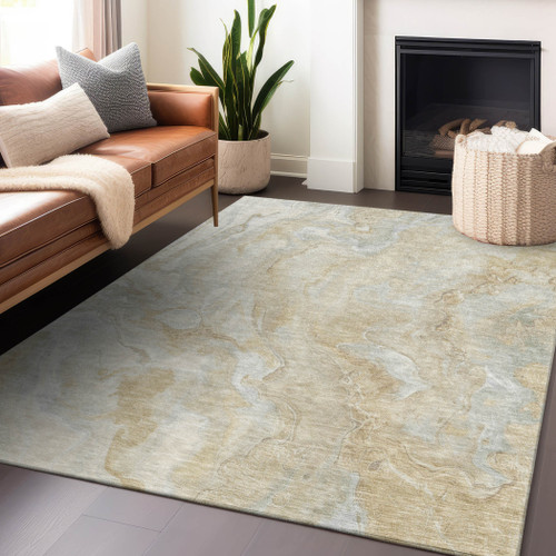 5' X 8' Beige And Silver Abstract Washable Indoor Outdoor Area Rug