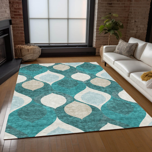 5' X 8' Teal Blue Sky Blue And Ivory Ogee Washable Indoor Outdoor Area Rug