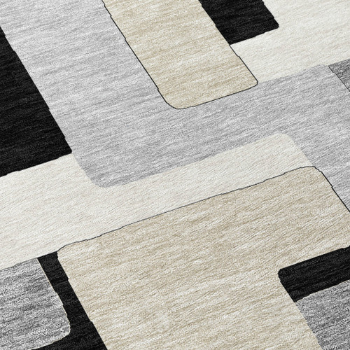 5' X 8' Black Ivory And Beige Geometric Washable Indoor Outdoor Area Rug