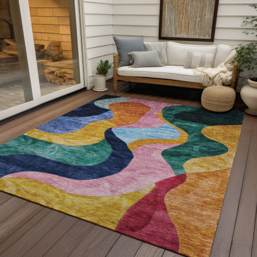 3' X 5' Green Orange And Pink Abstract Washable Indoor Outdoor Area Rug