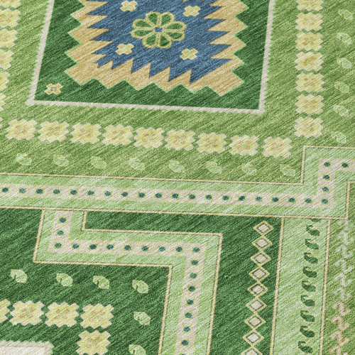 5' X 8' Green Ivory And Beige Tribal Washable Indoor Outdoor Area Rug