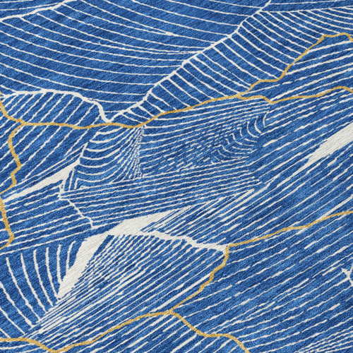 3' X 5' Blue Ivory And Gold Abstract Washable Indoor Outdoor Area Rug