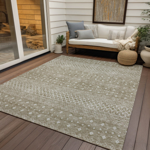 5' X 8' Taupe Green And Ivory Tribal Washable Indoor Outdoor Area Rug