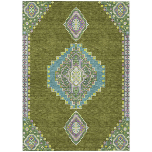 5' X 8' Olive Green Pink And Ivory Oriental Washable Indoor Outdoor Area Rug