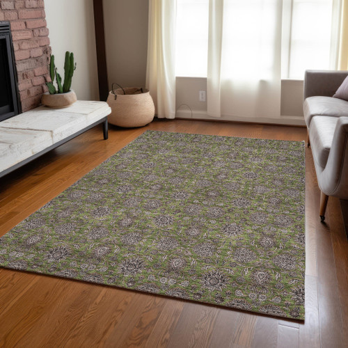 5' X 8' Olive Green Beige And Taupe Floral Washable Indoor Outdoor Area Rug