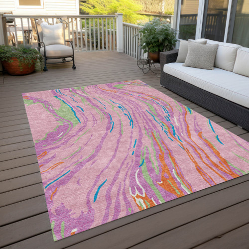 3' X 5' Pink Green And Teal Blue Abstract Washable Indoor Outdoor Area Rug