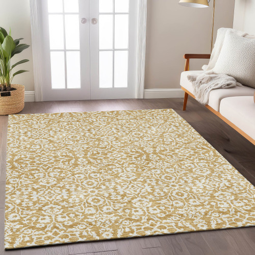 5' X 8' Gold And Beige Damask Washable Indoor Outdoor Area Rug