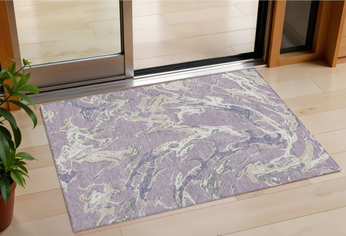 3' X 5' Lavender And Ivory Abstract Washable Indoor Outdoor Area Rug