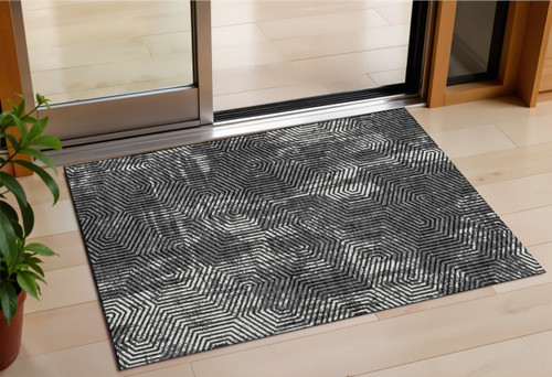 3' X 5' Black And Ivory Geometric Washable Indoor Outdoor Area Rug