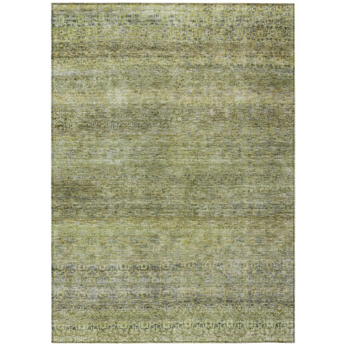 5' X 8' Artichoke Green Brown And Gray Striped Washable Indoor Outdoor Area Rug