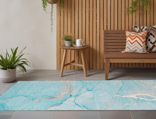 8' Runner Teal Abstract Washable Non Skid Indoor Outdoor Runner Rug