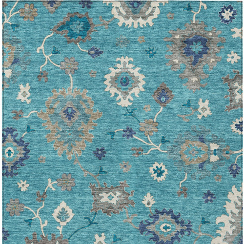 5' X 8' Teal Blue Silver And Gray Floral Washable Indoor Outdoor Area Rug