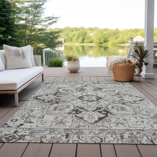 5' X 8' Ivory and Dark Brown Oriental Washable Non Skid Indoor Outdoor Area Rug