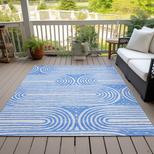 5' X 8' Blue and White Abstract Washable Non Skid Indoor Outdoor Area Rug