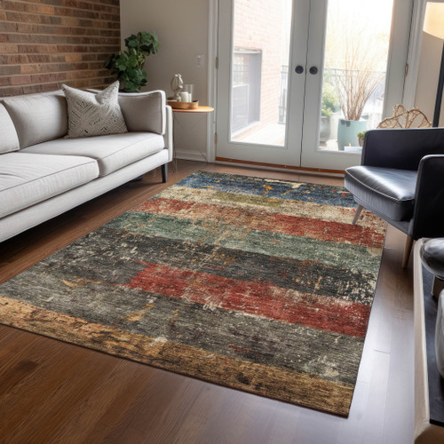 5' X 8' Fern Green Black And Terra Cotta Striped Washable Indoor Outdoor Area Rug
