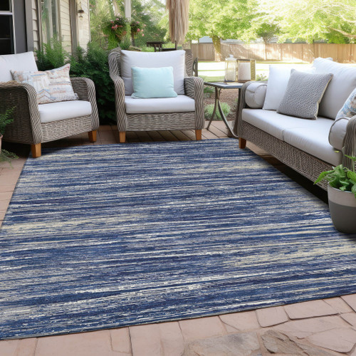 5' X 8' Navy Blue And Ivory Striped Washable Indoor Outdoor Area Rug