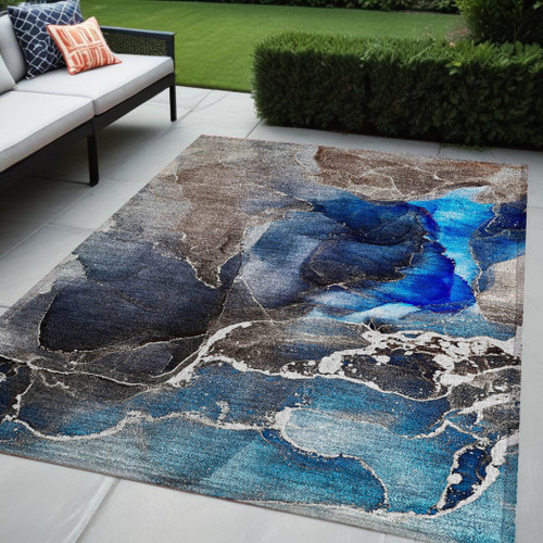 5' X 8' Blue Abstract Washable Non Skid Indoor Outdoor Area Rug