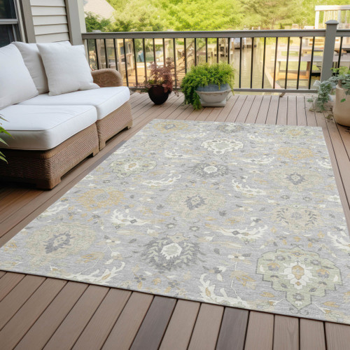 3' X 5' Gray Ivory And Gold Damask Washable Indoor Outdoor Area Rug