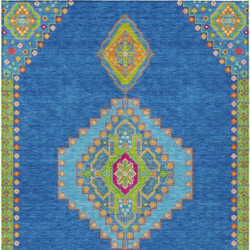 5' X 8' Denim Blue Red And Green Oriental Washable Indoor Outdoor Area Rug