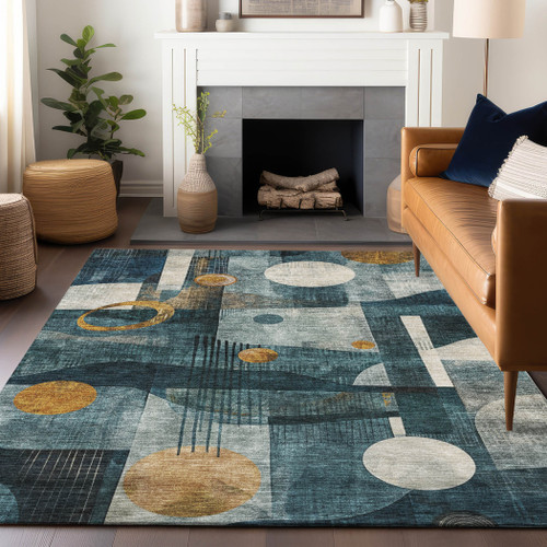 5' X 8' Teal Blue Ivory And Gold Geometric Washable Indoor Outdoor Area Rug