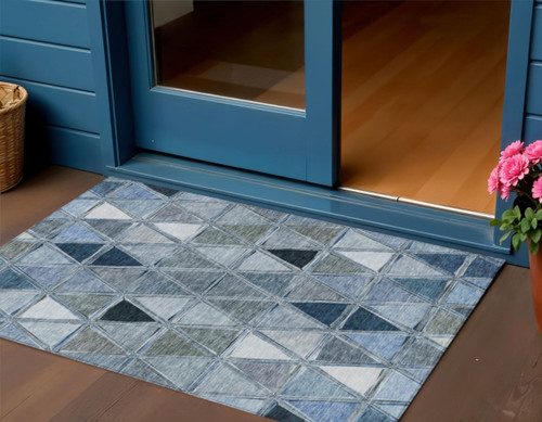 3' X 5' Denim Blue And Sky Blue Geometric Washable Indoor Outdoor Area Rug
