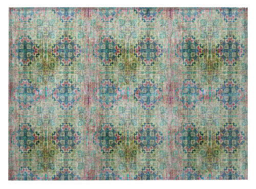 2' X 3' Blue and Green Floral Medallion Washable Non Skid Indoor Outdoor Area Rug