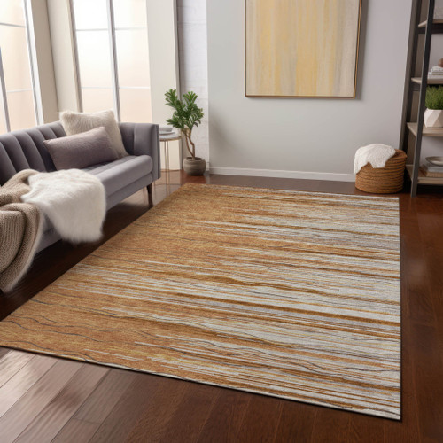 5' X 8' Brown Copper And Ivory Striped Washable Indoor Outdoor Area Rug