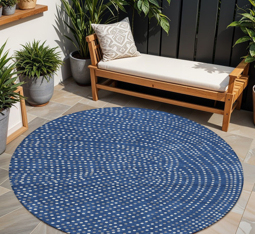 8' Navy Blue Gray And Ivory Round Polka Dot Washable Indoor Outdoor Area Rug