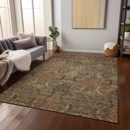 9' X 12' Brown Charcoal And Brick Red Damask Washable Indoor Outdoor Area Rug