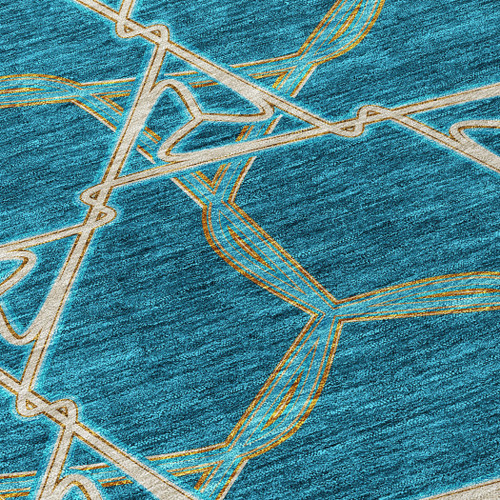 8' Teal Blue And Beige Round Geometric Washable Indoor Outdoor Area Rug