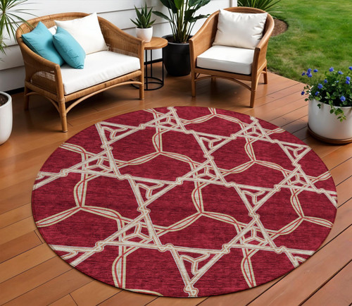 8' Burgundy And Gold Round Geometric Washable Indoor Outdoor Area Rug