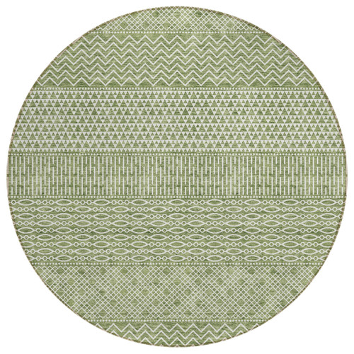 8' Green And Ivory Round Chevron Washable Indoor Outdoor Area Rug