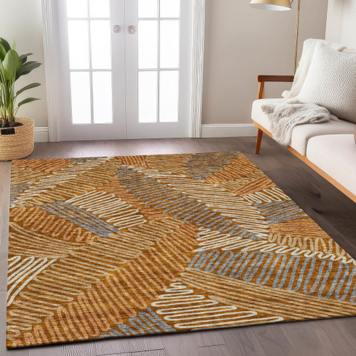 9' X 12' Orange Beige And Gray Floral Washable Indoor Outdoor Area Rug