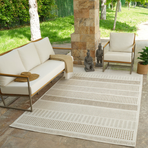 8' X 10' Beige and Brown Geometric Distressed Indoor Outdoor Area Rug